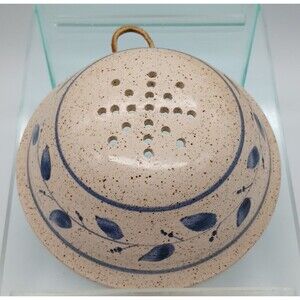 Primitive Stoneware Berry Bowl W Leather Hanger Loop Brown Speckled Blue Vine